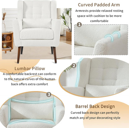 Modern Accent Chair, Upholstered Armchair with Pillow, Teddy Single Sofa Chair with Lounge Seat and Wood Legs Accent Chair for Living Room Bedroom Small Spaces