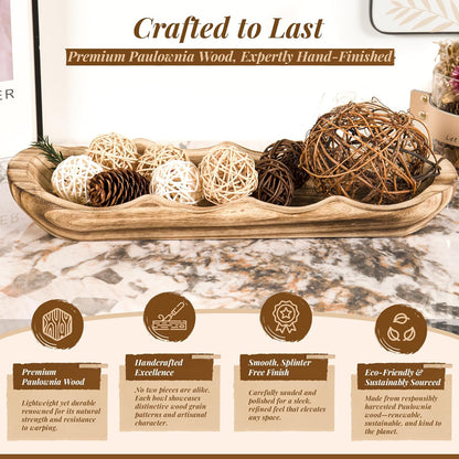 Wavy Edge Wooden Dough Bowl for Decor 16"L Lightweight Paulownia Wood Hand Carved Decorative Wooden Farmhouse Fruit Bowl Handmade, Home Decoration Centerpiece, Table Display Bowl