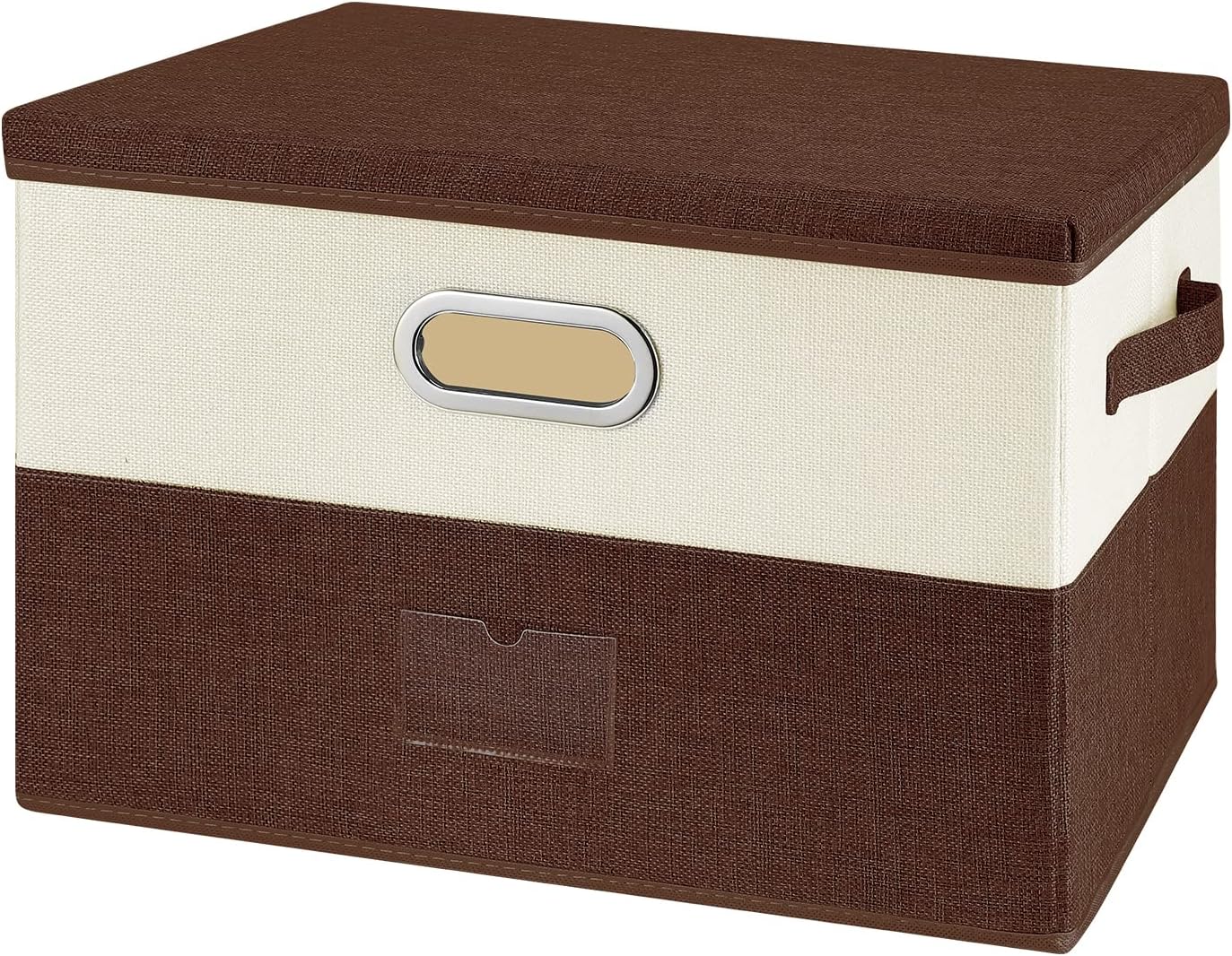 Large Linen Fabric Foldable Storage Bins with Removable Lid and Handles, Washable Storage Box Organizer Containers Baskets Cube with Cover for Bedroom,Closet,Office (Coffee&Cream, Medium)