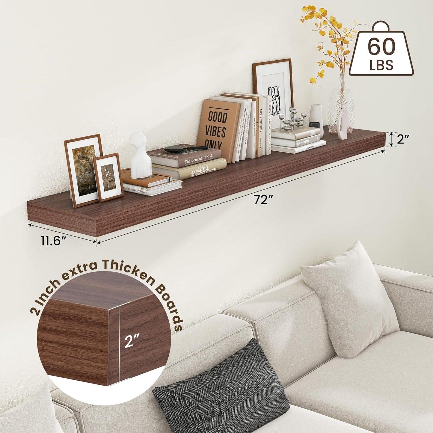 12 Inch Deep Floating Shelves for Wall | 72W x 12D Floating Shelves Set of 1 | Rustic Walnut Long Floating Shelves for Living Room Bathroom Laundry Room Bedroom Kitchen Home Office