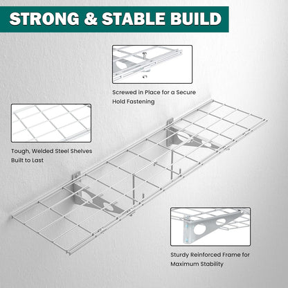 EVERHANGER Garage Wall Shelves, 12 X 48 Inch Wall Mounted Storage Shelves, Heavy Duty Metal Shelving with Hooks, 2 Pack, White