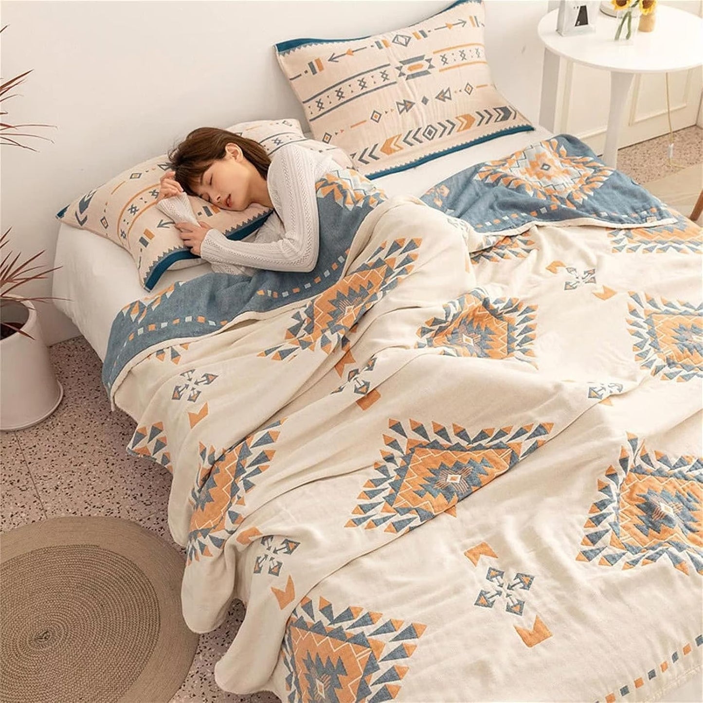 100% Cotton Throw Blankets for Couch Bed Chair Sofa,Cotton Quilt Throw Woven Boho Bed Blankets,Versatile Knit Woven Super Soft Decorative Blanket for Women,80''Wx 90''L