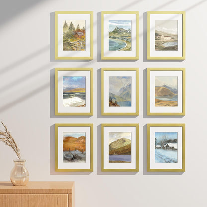 Vittanly 8.5x11 Picture Frames Set of 9, Shatter Resistant Plexiglass, Display 6x8 Pictures with Mat or 8.5x11 without Mat, Photo Frames for Wall or Tabletop, Engineered Wood, Gold