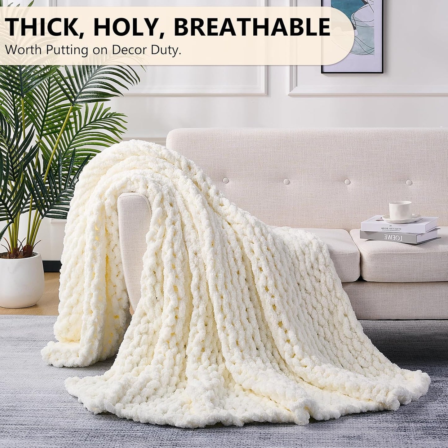 L'AGRATY Chunky Knit Blanket Throw: Soft Chenille Yarn Throw Blanket 60x80 - Handmade Thick Cable Crochet Blanket - Large Chunky Rope Throw Blanket for Couch Sofa Bed Home Decor(Cream White)