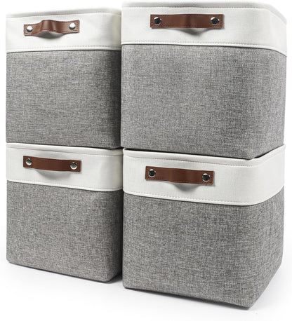 Collapsible Fabric Storage Cubes 11x11 Cube Storage Bins, 4 Pack Closet Baskets Box with Handles for Organizing, Shelf, Toys, Clothes, Home, Office, Nursery (Grey&White)