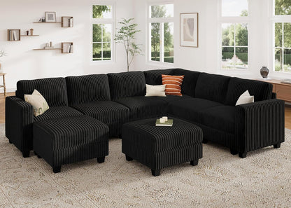 HONBAY Corduroy Sectional Couch with Storage U Shaped Sectional Sofa Modular Sectional Couches for Living Room, Black