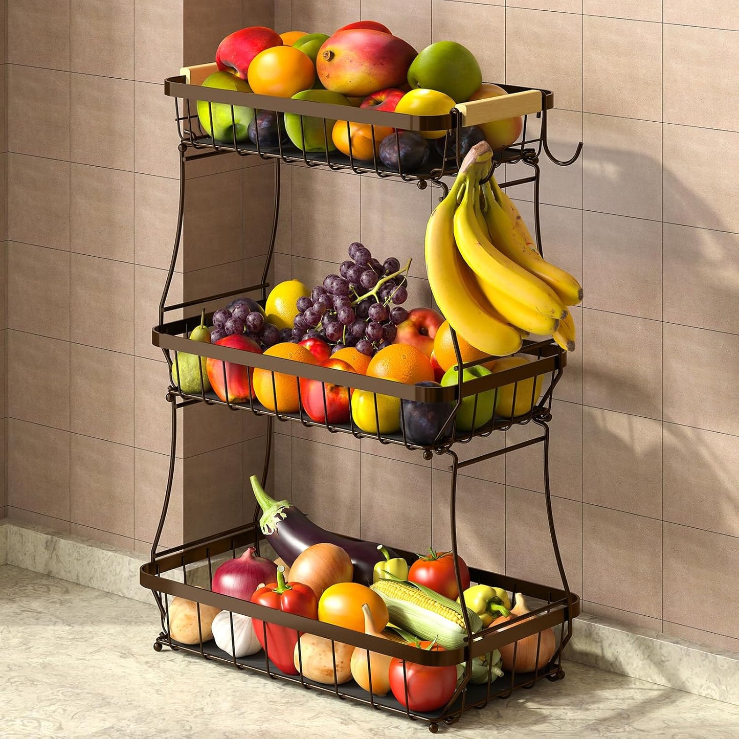 3 Tier Fruit Basket for Kitchen Counter with 2 Mobile Banana Hangers, 2025 Pro Detachable Metal Fruit Bowl with Wooden Handle, Fruit Holder for Bread Snack Veggies, Brown