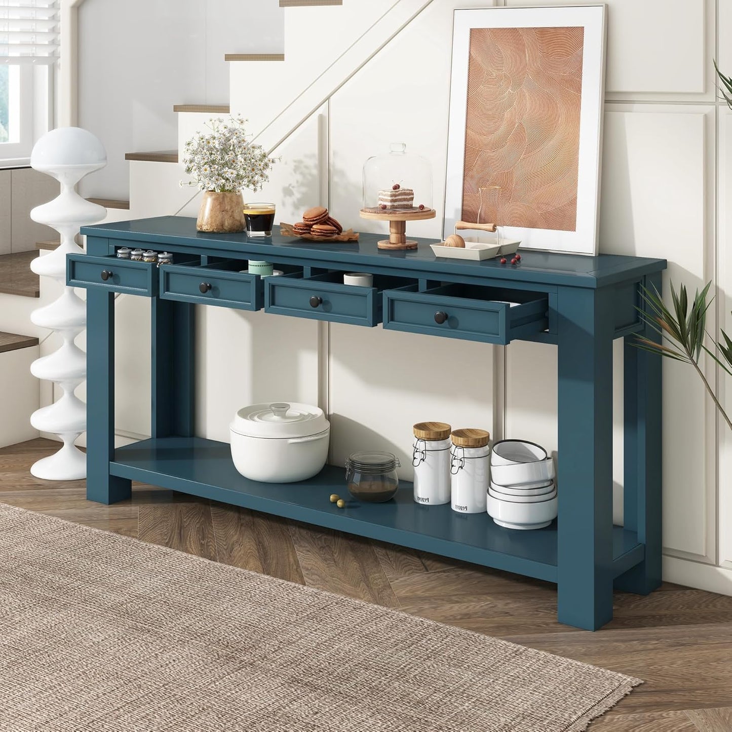 Solid Wood Console Table,63 in Long Sofa Table Entryway Table with 4 Drawers and Bottom Shelf for Hallway Living Room Couch Table,Fully Assembled (63" Dark Blue)