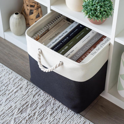 OrganiHaus 13x13 Cube Storage Bins 4 Pack, Foldable Cube Storage Organizer w/ Rope Handles, Collapsible Fabric Bins for Toys, Clothes & Closet Organization, Fabric Square Baskets - Black/White