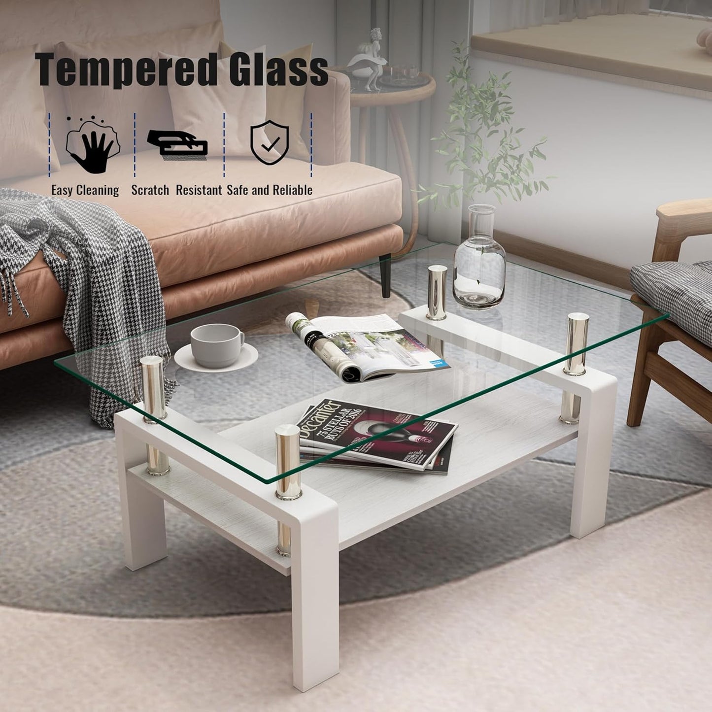 Glass Coffee Table Rectangle Living Room Center Table, with Transparent Tempered Glass Tabletop and White MDF Layer,for Living Room and Office, Transparent +White