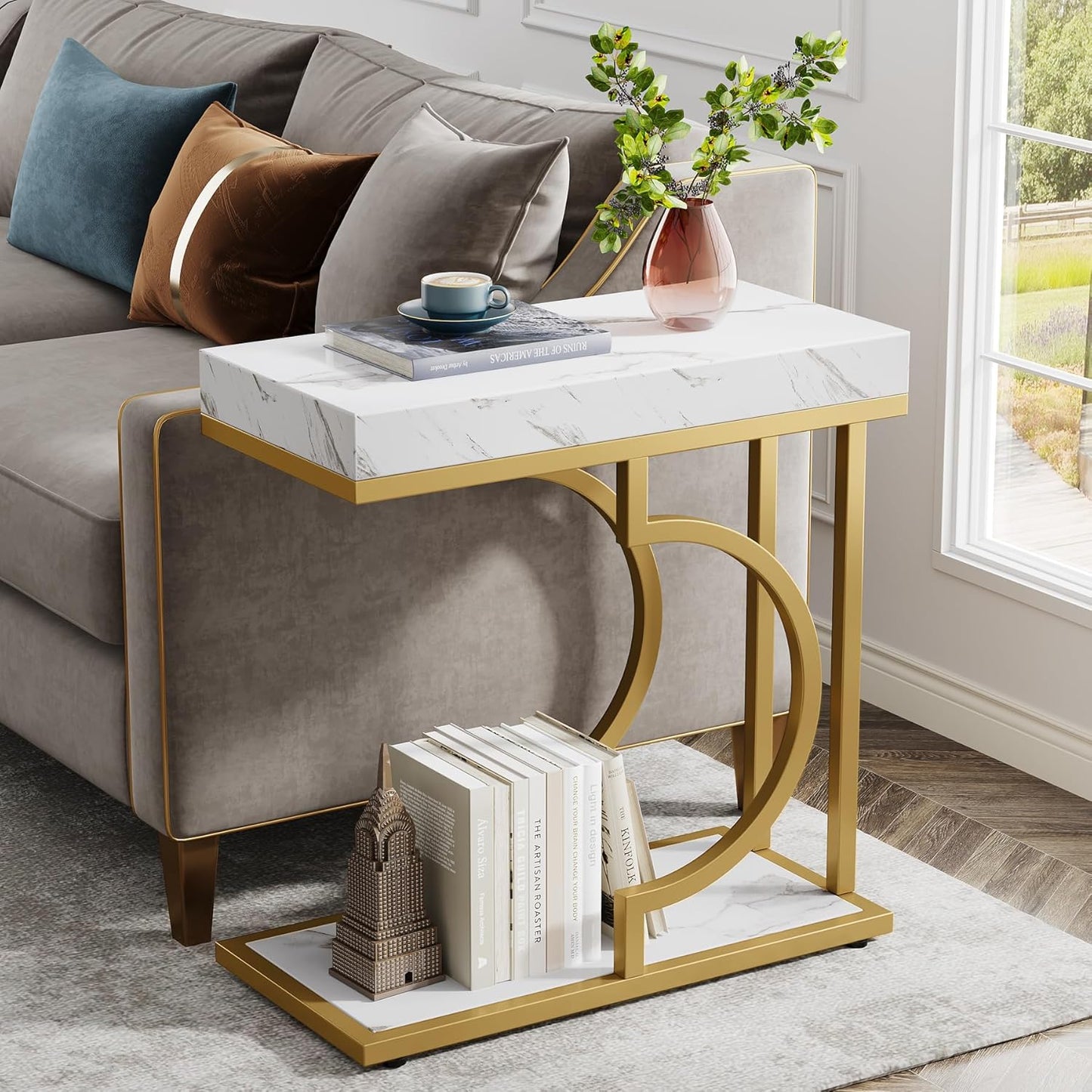 Tribesigns Narrow Side Table White Gold C Shaped End Table Modern Bedside Tables Small Chairside Table for Couch, Sofa Table with Metal Frame for Living Room (1, White+Gold)