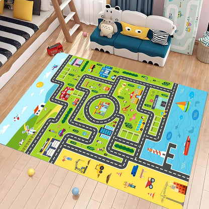 Kids Rug Playroom Car Rug Play Mat City Life Road Rugs Fun City Map for Kids Toy Cars Carpet for Bedroom Boys (Green-Rug, 6.6x9.8ft)
