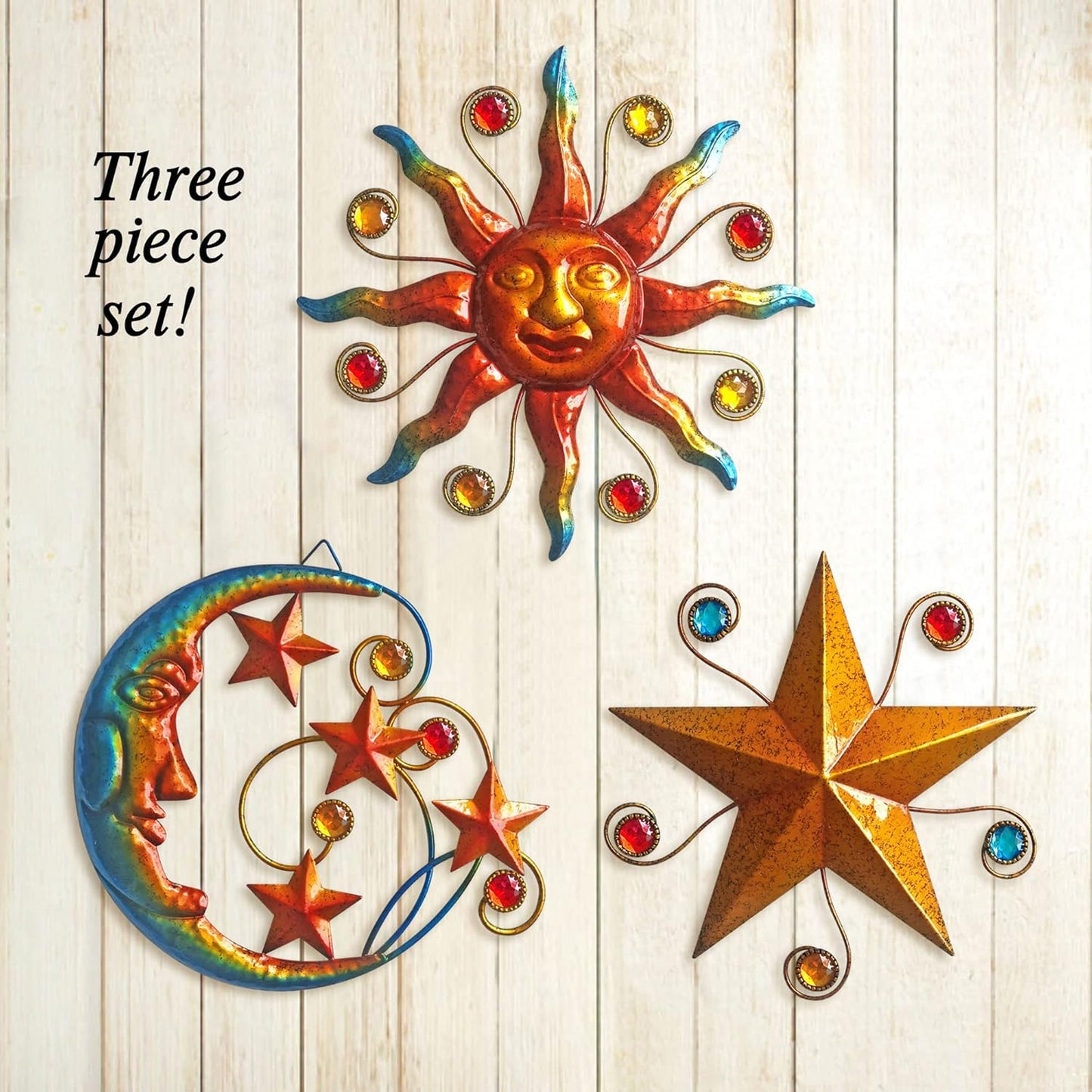 Limygus Metal Wall Art Sculpture, Set of 3 - Celestial Wall Decoration - Sun Moon Star Decorative Silhouette - Waterproof Wall Hanging Decor for Home Office, Bedroom, Bathroom, Living Room