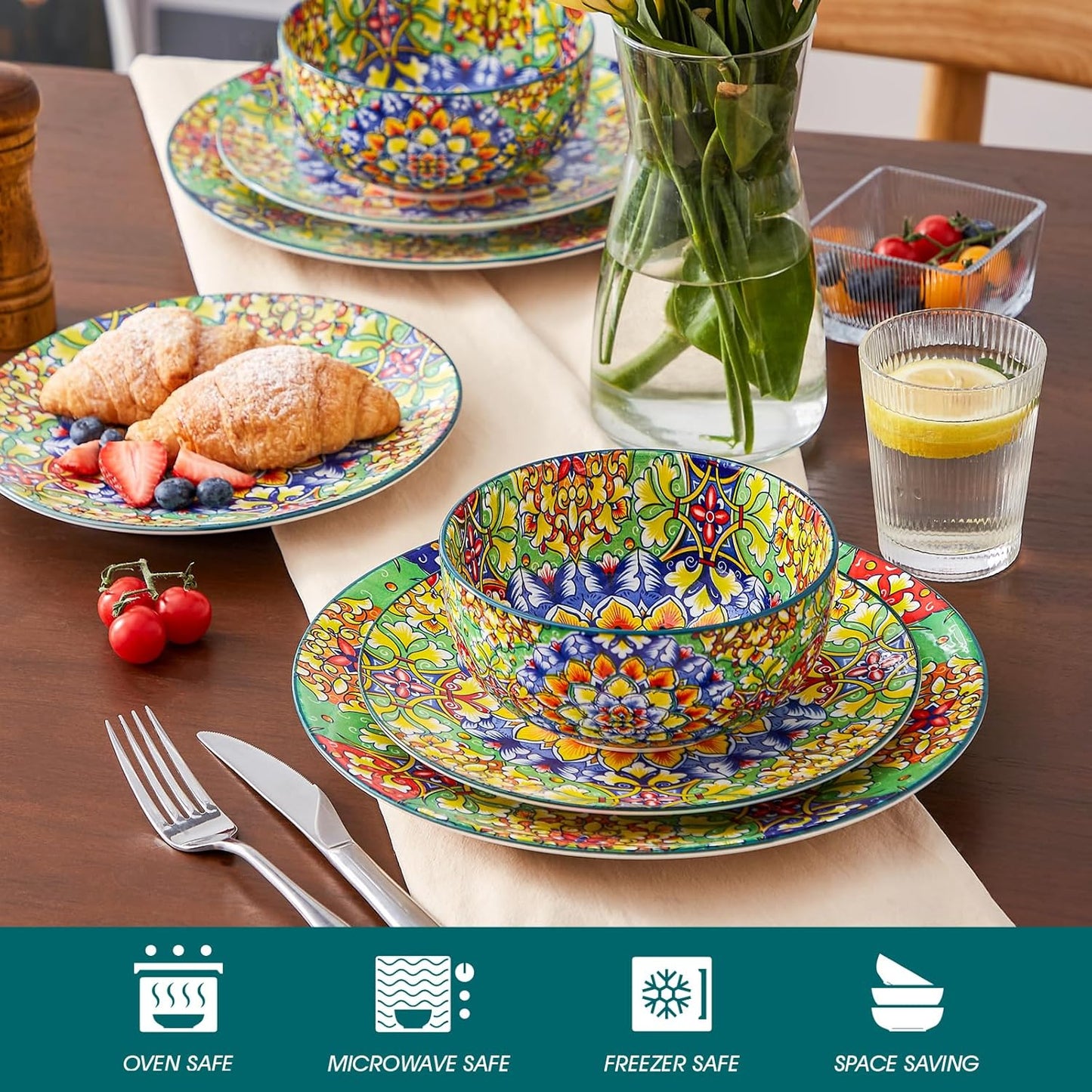 vancasso 12 Pieces Dinnerware Sets, Green Plates and Bowls Set, Porcelain Dishes Set for 4, Microwave and Dishwasher Safe, Scratch Resistant, Bohemian Style Dining Ware Service for 4, Series SIMI