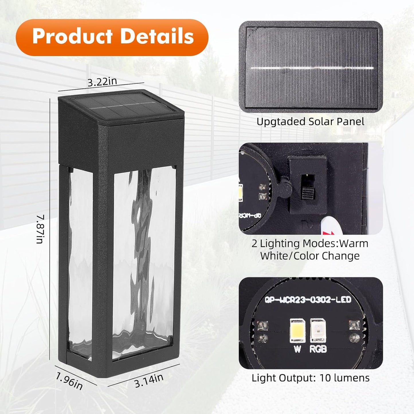 Solar Outdoor Lights, 4 Pack Textured Glass Solar Wall Lights for Yard, Fence, Porch and Garage with 2 Modes, Body in Aluminum and Waterproof