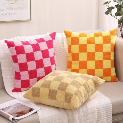Alysheer Checkered Embroidered Decorative Throw Pillow Covers 18"x 18" Set of 2, Farmhouse Cottage Cream Ivory Plaid Tufted Patterned Cotton Canvas Cushion Case for Sofa Couch Bed Living Room