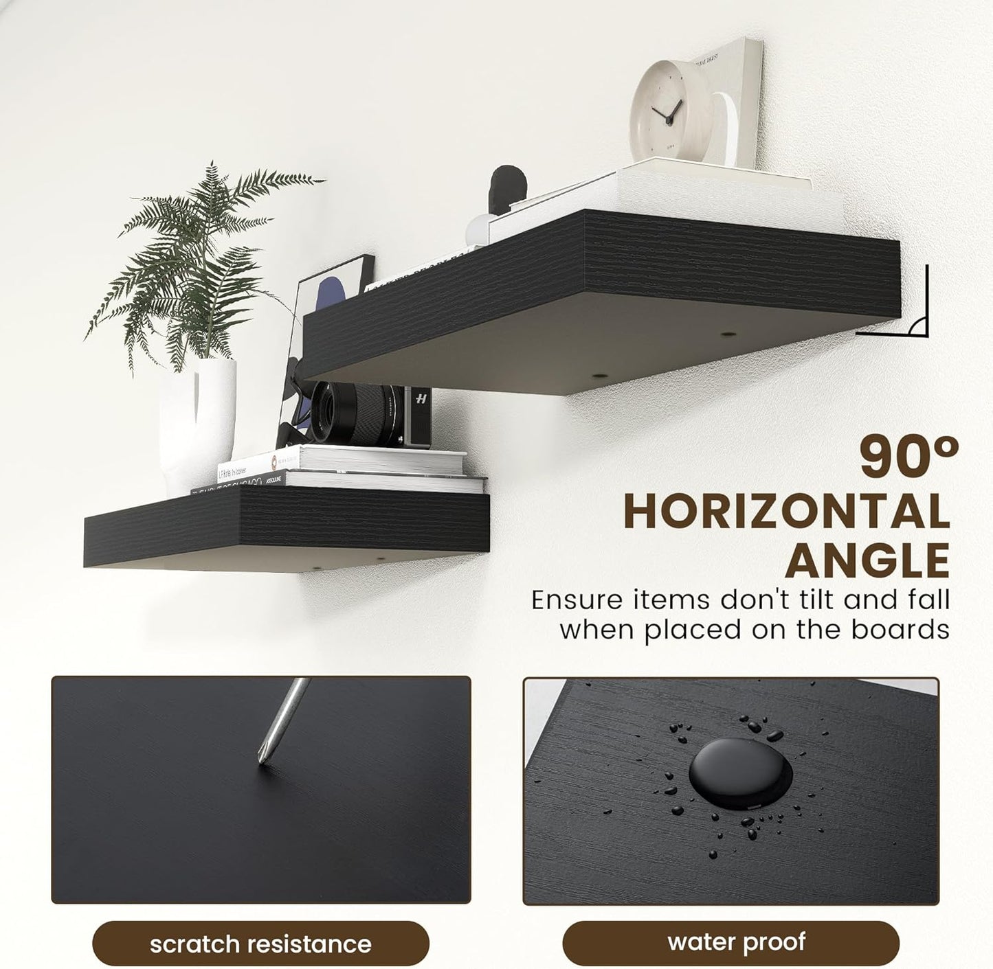 Deep Floating Shelves for Wall, 24W x 12D Black Floating Shelves Set of 2, 12'' Deep Large Wood Shelves for Living Room Bathroom Laundry Room Bedroom Kitchen Home Office - Black