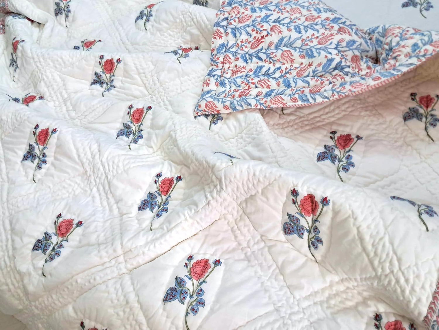 Twin Size Rose Pink Cotton Throw Blanket – 60x90 Hand Block Printed Lightweight Quilt – Soft Bedspread for Couch, Sofa & Bed – Cozy All-Season Boho Floral Blanket – Handmade in India