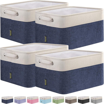 BALEINE 4 Pack Fabric Storage Bins for Shelves, Linen Storage Baskets for Organizing, Decorative Closet Bins for Clothes, Home (Navy Blue, 15"x11"x9.5")