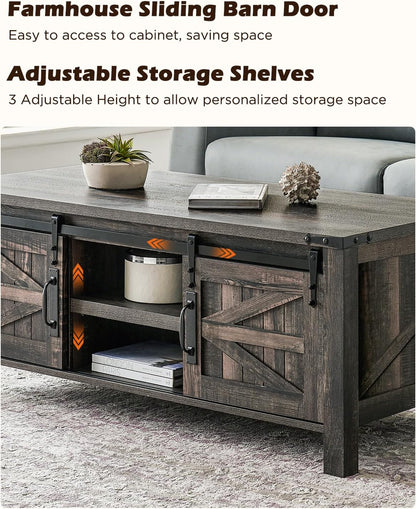 OKD 48" Farmhouse Lift Top Coffee Table with Sliding Barn Door,Rustic Center Table with Hidden Storage Compartment,Lifting Tabletop and Adjustable Shelf for Living Room,Office,Dark Rustic Oak