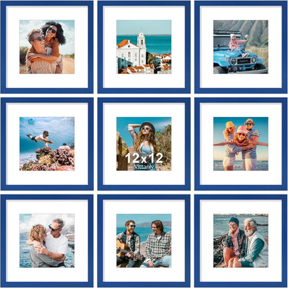 Vittanly 12x12 Picture Frame Set of 9 - Display 8x8 Photos with Mat or 12x12 Without Mat, Wall Mount Frames for Home Decor, Horizontal or Vertical (Blue)