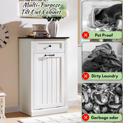 Tilt Out Laundry Hamper Cabinet, 10 Gallon Farmhouse Trash Can Cabinet with Drawer, Hidden Wood Garbage Can Bin Cabinet with Laundry Storage Basket for Bathroom, Kitchen, Antique White