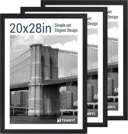 20x28 Picture Frame Set of 3 - Black Woodgrain, Solid Wood Gallery Poster Frame - Wall Hanging