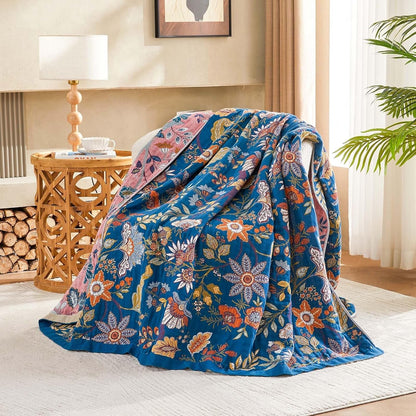 Fall Throw Blanket for Couch, Blue Boho Decorative Throw Blanket, 100% Cotton Muslin Breathable Woven Farmhouse Blankets Quilt, 90"x98" Reversible Lightweight Blankets Bohemian Throw Quilt