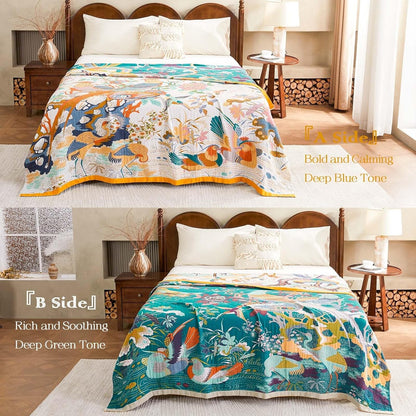 Fall Throw Blanket for Couch, Yellow Boho Decorative Throw Blanket, 100% Cotton Muslin Breathable Woven Farmhouse Blankets Quilt, 80"x90" Reversible Lightweight Blankets Bohemian Throw Quilt