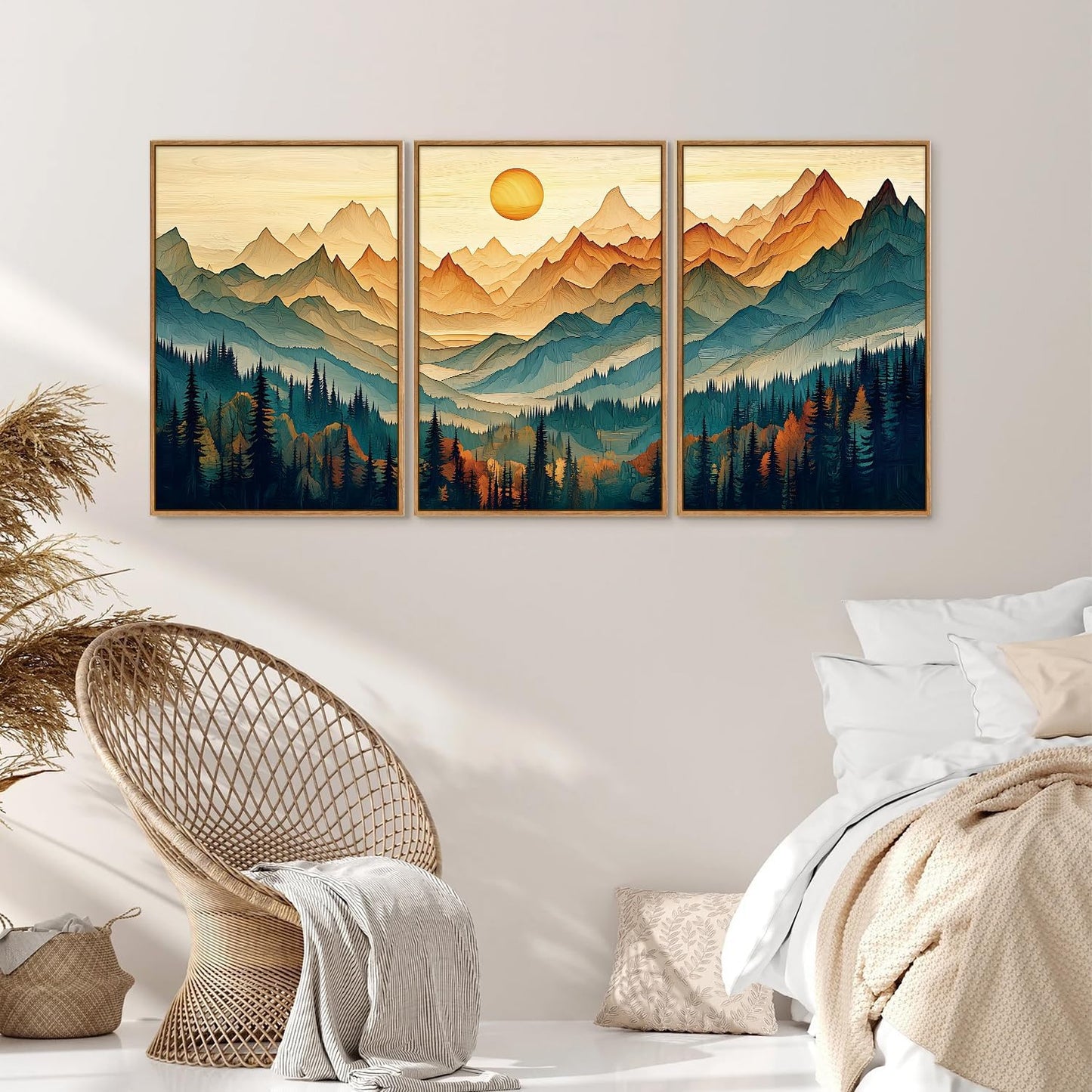 Tinonedraw Large Mountain Framed Canvas Wall Art Set of 3, Boho Nature Forest Wall Decor, Neutral Wooden Pine Trees Artwork, Sunrise Ridge Landscape Art Printing for Living Room Bedroom Office 16"x24"