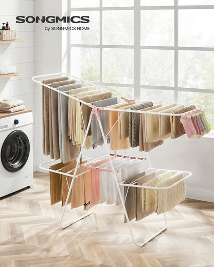 SONGMICS Clothes Drying Rack, Foldable 2-Level Laundry Drying Rack, Free-Standing Laundry Airer, with Height-Adjustable Wings, 33 Drying Rails, Sock Clips, White and Pink ULLR053P01V1