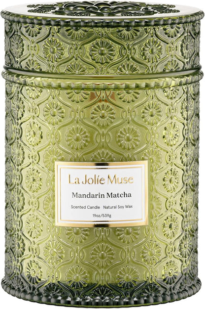 LA JOLIE MUSE Mandarin Matcha Candle - Bergamot, Matcha, Cedarwood | 19 oz Large Wooden Wick Candles | Natural Soy Wax | 90 Hours Clean Burn | Fresh Citrus Candle | Gift-Ready for Hosts