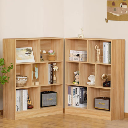 LEYAOYAO 7 Cube Bookshelf with Wood Base,Natural 3 Tier Mid-Century Modern Bookcase,Standing Wide Bookshelves Storage Organizer Shelf,Rustic Display Cabinet Book Shelves for Bedroom,Living Room