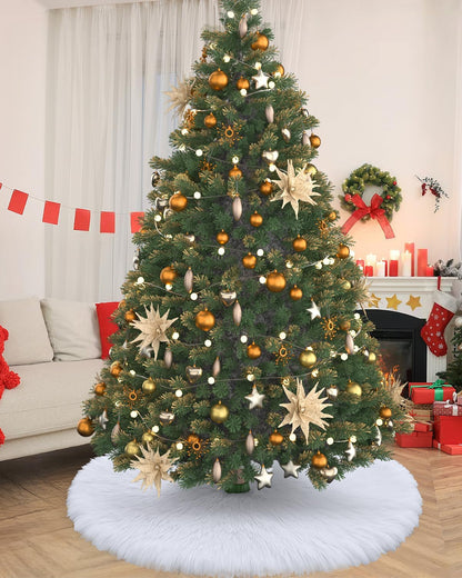 COOLWUFAN 48 Inches Christmas Tree Skirt for Xmas Tree Holiday Party Decorations White Plush (White)