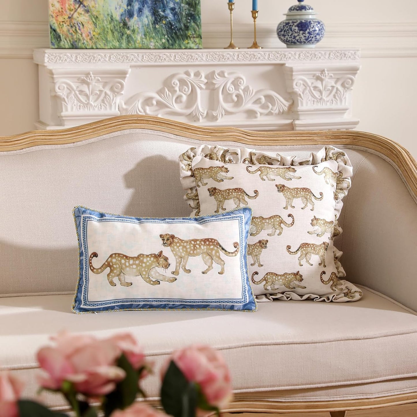 patdrea Designer Throw Pillow Covers for Couch,Vintage French Linen Pillows Cover with Cheetah Pattern and Luxury Pendant,Fall Farmhouse Decorative Pillowcases for Bed Living Room Outdoor Set of 4