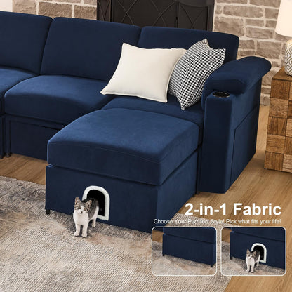Modular Sectional Sofa Couch for Living Room Velvet Cloud Couches Oversized U Shaped Convertible Sleeper Sofa Chaise Detachable Armrest Cushion Cup Holder (Blue, 8 Seats)