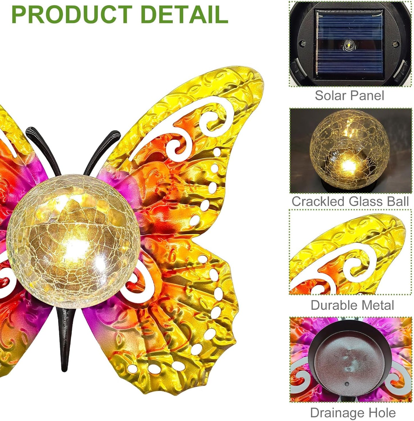 Solar Lights Outdoor Garden Butterfly Decor, Metal Butterfly Statue Decoration with LED Crackle Glass Globe, Solar Powered Lighted Garden Art Decor for Patio Lawn Yard Pathway Tabletop Ground