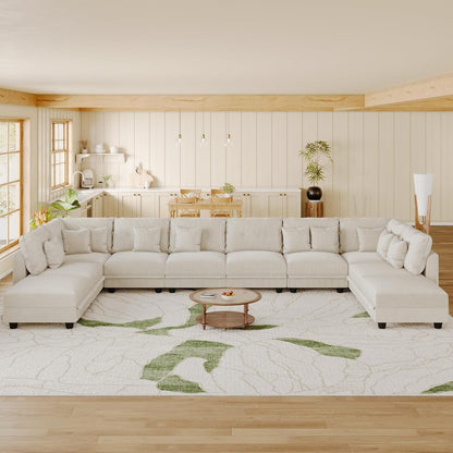 LLappuil Modular Sectional Sofa with Storage Seats, Corduroy Convertible Modular U Shaped Sectional Couch for Living Room, 10 Seat Oversized Sofa with 10 Back Cushion 10 Throw Pillow, Beige