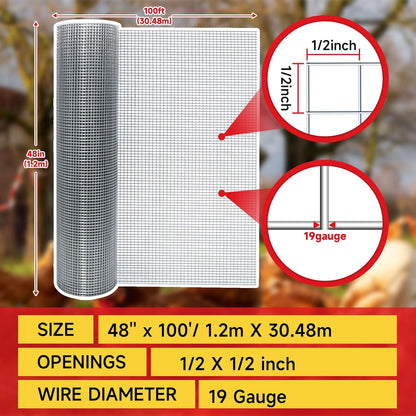 Hardware Cloth,1/2inch 48inx100ft 19 Gauge,Double-Layer Hot-Dip Galvanizing After Welding,Chicken Wire Fence Wire Mesh Fence Poultry Netting Garden Fence Tree Guard Rolls Chicken Coop Accessories