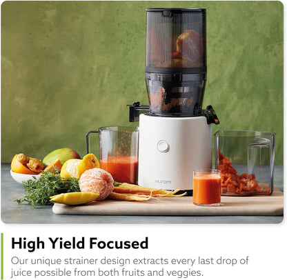 Hurom H320 Cold Press Juicer Machine, Easy to Clean Masticating Slow Juicer, Coarse Strainers, Self-Feeding, Hands Free, Family Size, Quiet Motor, Easy Assembly (White)
