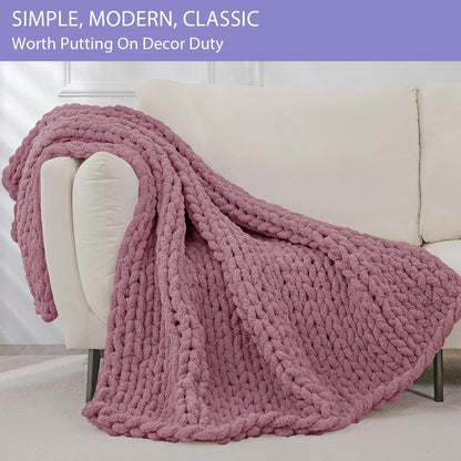 Bigacogo Chunky Knit Throw Blanket for Couch, 51x63 inches, 100% Hand Knitted with Thick Jumbo Chenille Yarn, Cozy Soft Large Rope Knot Cable Crochet Blankets for Sofa Bed Living Room, Burnt Rose