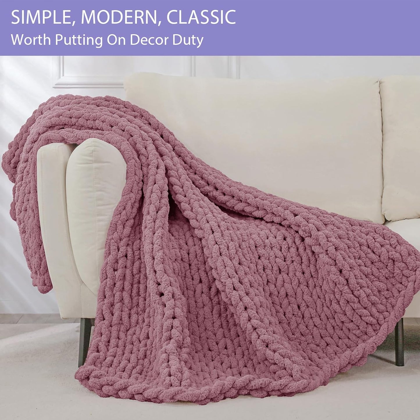 Bigacogo Chunky Knit Throw Blanket for Couch, 40x60 inches, 100% Hand Knitted with Thick Jumbo Chenille Yarn, Cozy Soft Large Rope Knot Cable Crochet Blankets for Sofa Bed Living Room, Burnt Rose