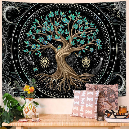 Lunerfex Tree of Life Tapastry Butterfly Moon Tapastry Flower Green Tree Tapestries Mandala Wall Hanging for Bedroom and Living Room Decor 60×80 Inches