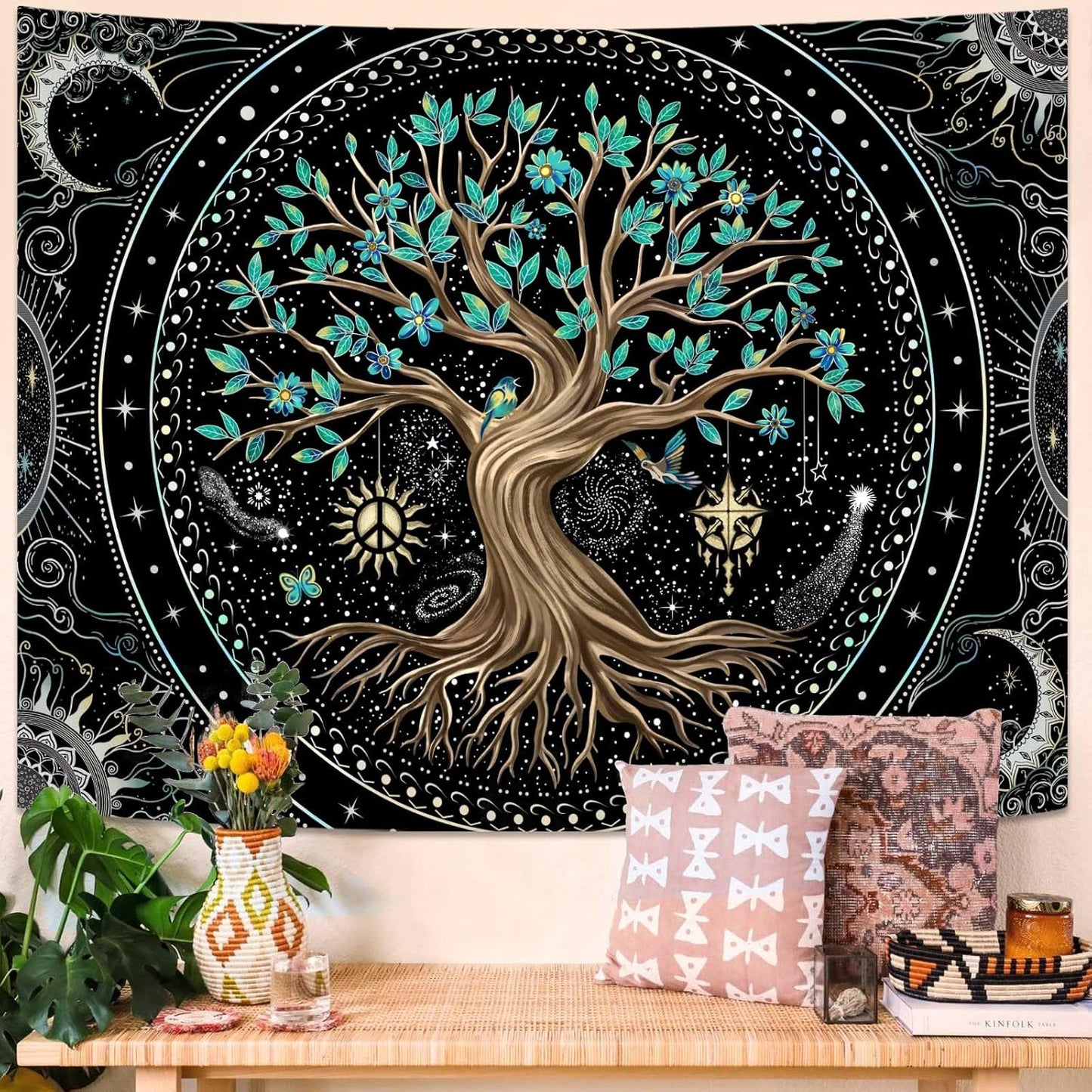 Lunerfex Tree of Life Tapastry Butterfly Moon Tapastry Flower Green Tree Tapestries Mandala Wall Hanging for Bedroom and Living Room Decor 70×90 Inches