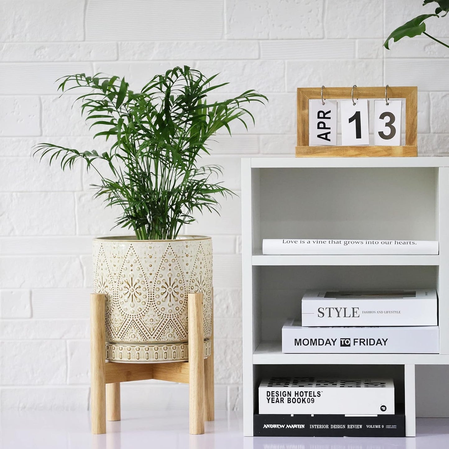 8 Inch Plant Pot with Stand, Ceramic Planter with Drainage Holes, Saucers and Mesh Pads for Indoor-Outdoor Plants