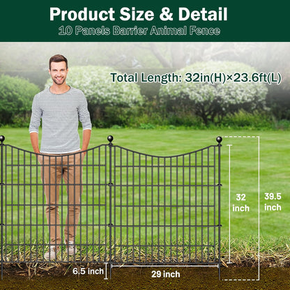 10 Panels Decorative Garden Fence with Gate, 32 in(H) X 23.6 ft(L) No Dig Dog Fence Animal Barrier Outdoor for Yard, Rustproof Metal Garden Edging and Borders, Temporary Fencing Stakes