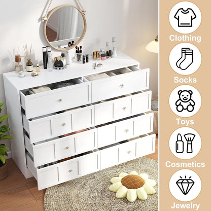 Wood Dresser for Bedroom 8 Drawer: 47" White Chest of Drawers Wood, Modern Fluted Cabinet with Sturdy Storage, Wide Aesthetic Furniture for Room Organization