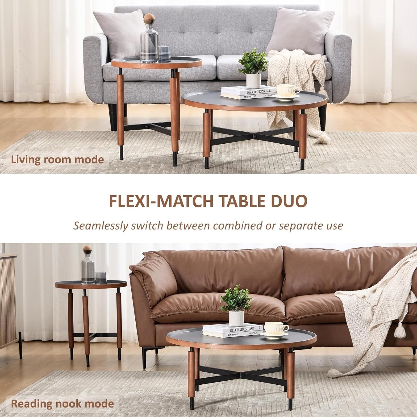 HEAH-YO Round Nesting Coffee Table Set of 2, Wood Tray Top Accent Table with Walnut Wrapped Metal Legs, Industrial & Farmhouse Side Table for Living Room/Office Reception, Black