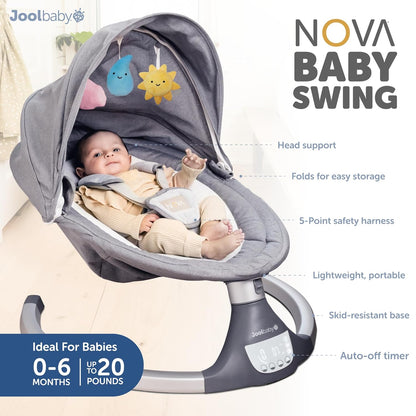 Jool Baby Nova Swing for Newborns - Electric Motorized Infant Swing, Bluetooth Music, 10 Preset Melodies, Remote (Updated Model, Gray)