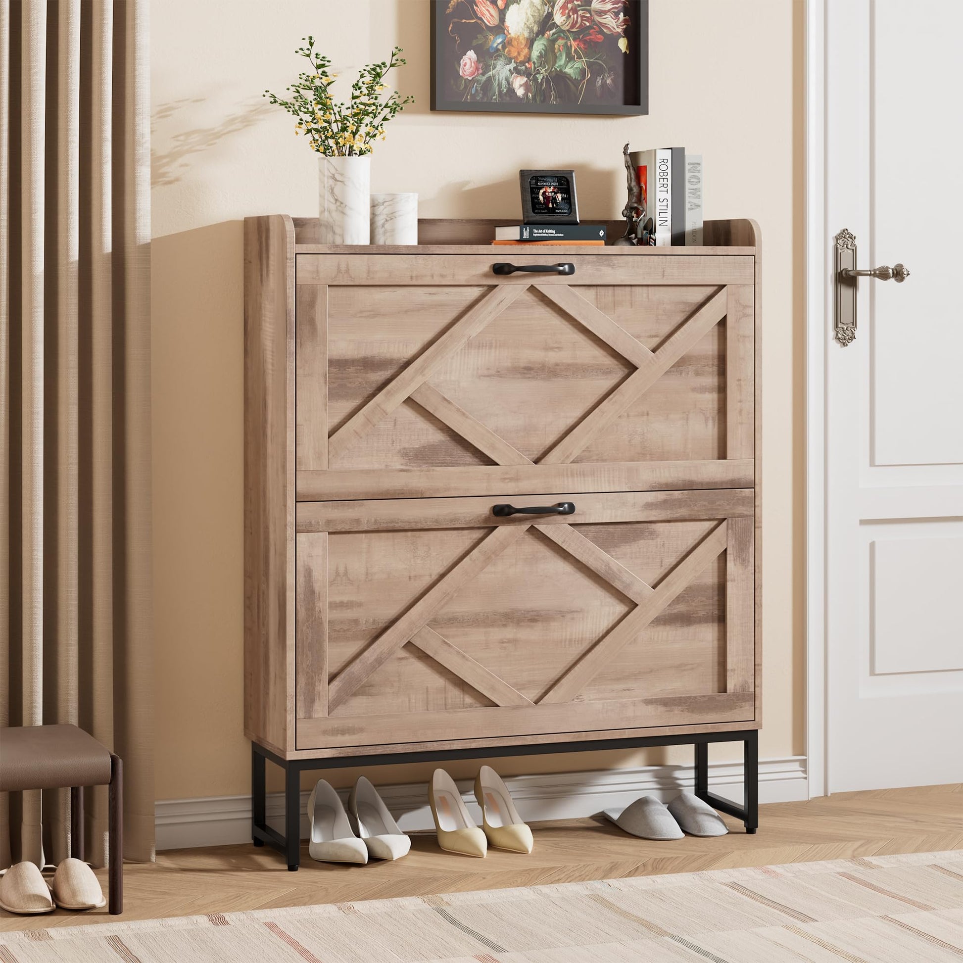 Nicetree Shoe Cabinet with 2 Flip Drawers，Freestanding Shoe Storage Cabinet, Narrow Shoe Organizer